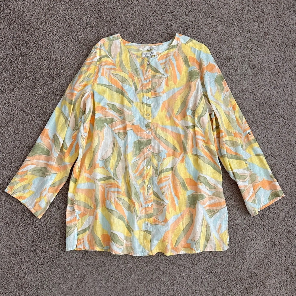 Rachel Zoe 100% Linen Button Up Long Sleeve Tunic Top Womens 1X